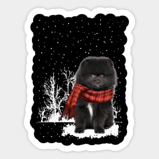 Christmas Black Pomeranian With Scarf In Winter Forest Sticker
